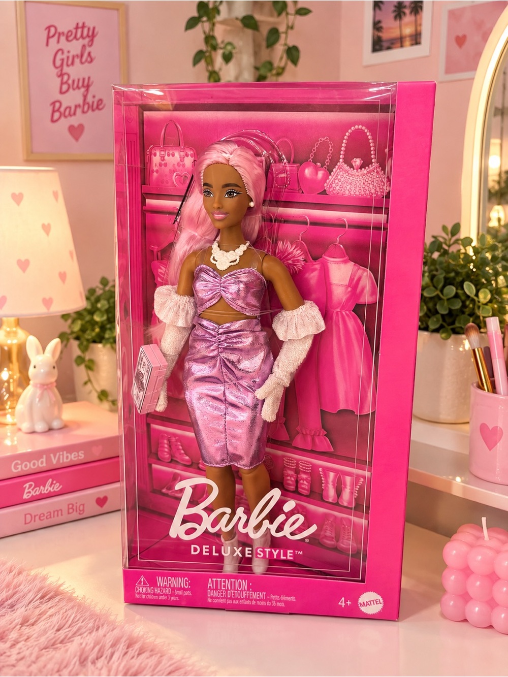 Barbie Pink Metallic Dress Doll with White Accessories